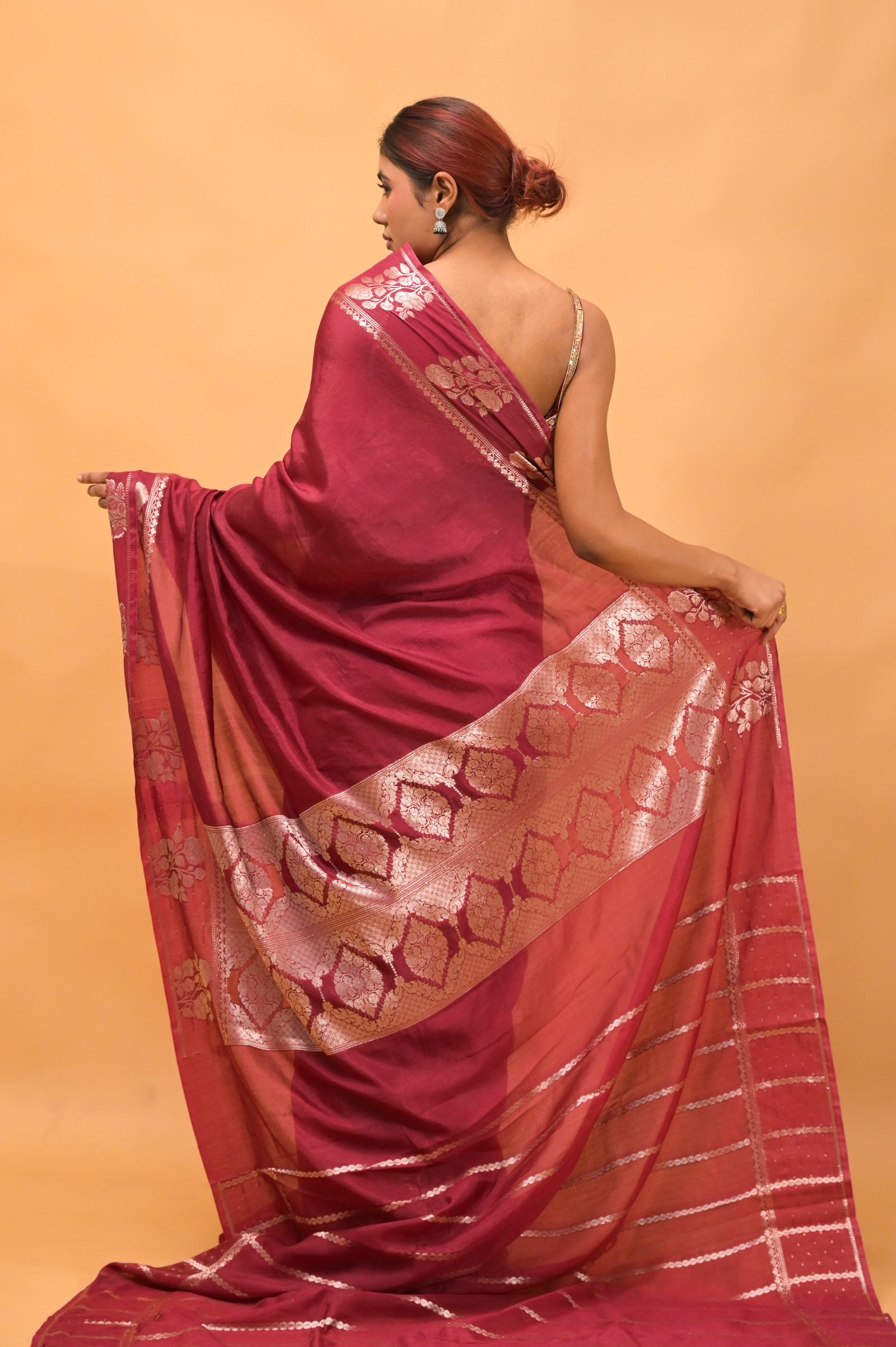 Maroon Tussar Silk Saree with Golden Floral Zari Work